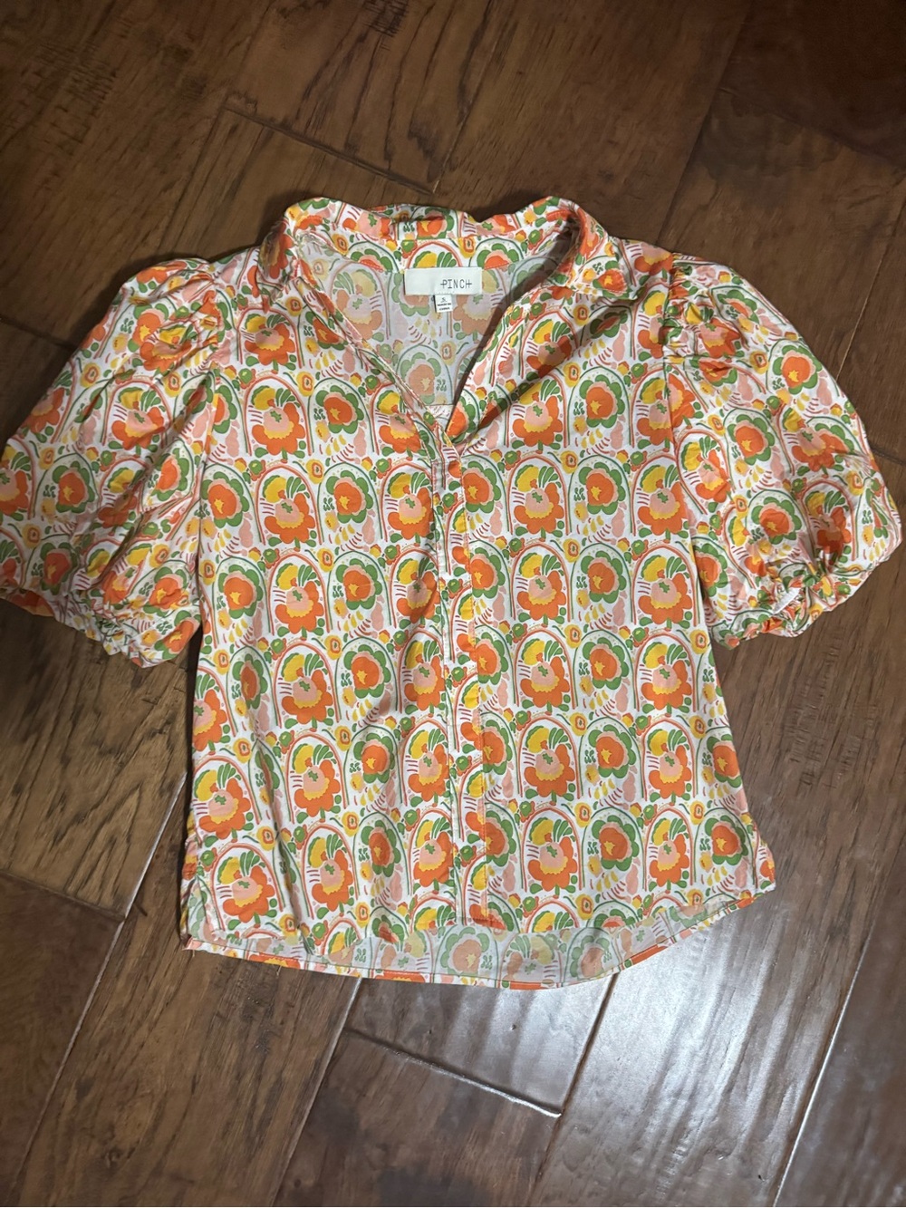 Pinch Orange Floral Puff-Sleeve Women's Top